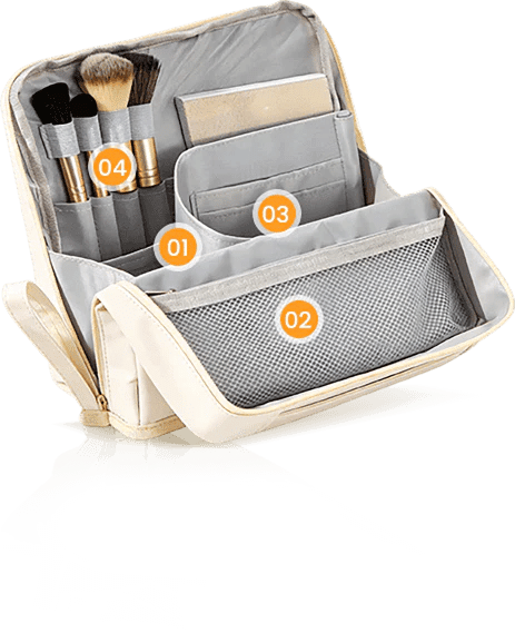 Cutout view showing brush loops, inner sleeves, main compartment and mesh pocket