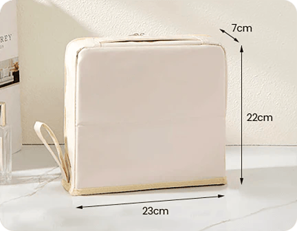 Closed organizer with 23 by 7 by 22 centimetre dimensions marked