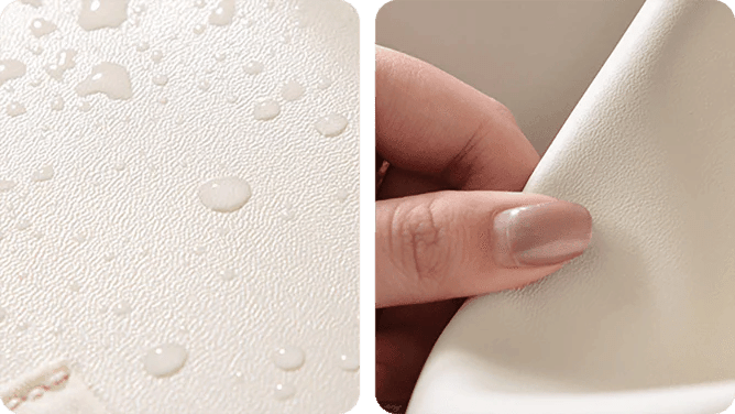 Water droplets on the textured PU exterior and a hand wiping the material